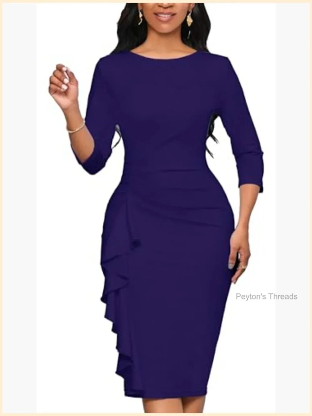 3/4 Sleeve Ruffle Bodycon Pencil Midi Dress for Work Church